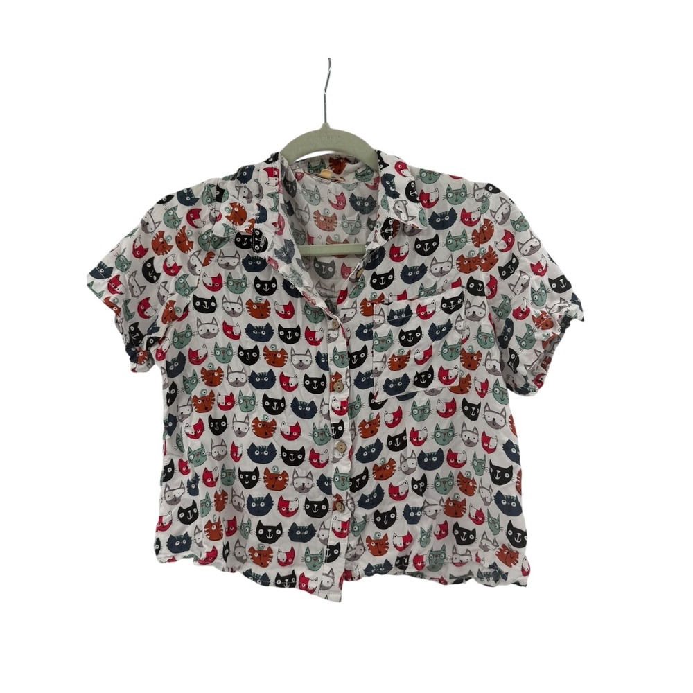 Anthropologie LoveNotes Novelty Cat Print Button Up Shirt White Medium Short Slv